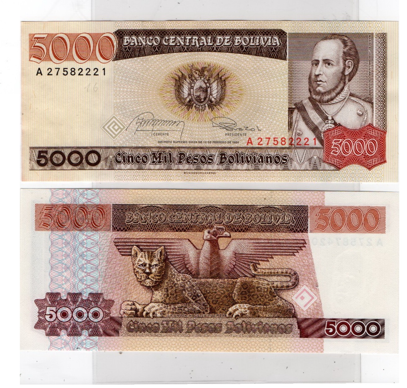 Bolivia #168a(1)  5.000 Pesos Bolivianos